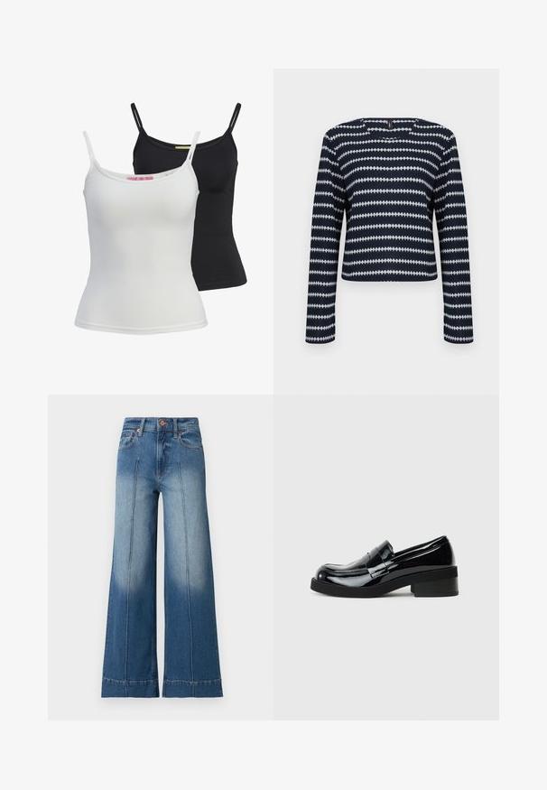 Langärmliger navy- und weiß gemusterter Pullover mit horizontalen Zickzackstreifen und rundem Ausschnitt vor einfarbigem Hintergrund.; Zwei grundlegende Tanktops in Schwarz und Weiß, aus einem glatten, dehnbaren Stoff. Mit dünnen Trägern und einem schlichten, taillierten Design.; Blau hoch geschnittene Jeans aus Denim mit weitem Bein, vorderen Nahtdetails, fünf Taschen und einem Knopfverschluss an der Taille.; Schwarze Lacklederschuhe mit runder Zehenpartie, niedrigem Blockabsatz und glattem, glänzendem Finish. Verfügt über einen dekorativen Riemen über der Vorderseite.