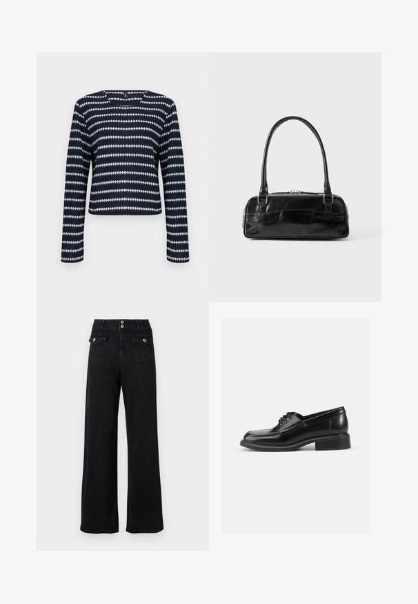 Pull à manches longues bleu marine et blanc avec un motif à rayures zigzag horizontales et un col rond sur un fond uni.; Pantalon noir à taille haute et jambes larges, avec deux poches à rabat à l'avant fermées par des boutons et une fermeture à double bouton à la taille.; Chaussure habillée en cuir noir avec une texture lisse, bout rond, laçage à deux œillets et un talon carré solide. Design simple sans motifs.; Sac à main en cuir noir de forme rectangulaire, doté d'une seule ansse structurée, de quincaillerie argentée et d'une fermeture éclair. Texture lisse.