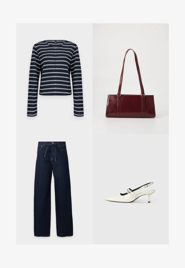 Langærmet marineblå og hvid mønstret sweater med vandrette zigzagstriber og rund halsudskæring på en ensfarvet baggrund.; Mørkeblå denim-jeans med brede ben, frontknap, bæltestropper, forlommer og et matchende denim-bælte.; Spidse slingback sko i blank hvid læder med to justerbare spænder og en 6 cm stiletto hæl.; Bordeaux håndtaske lavet af glansfuldt materiale, rektangulær form, med to skulderremme og subtile buede detaljer på forsiden.