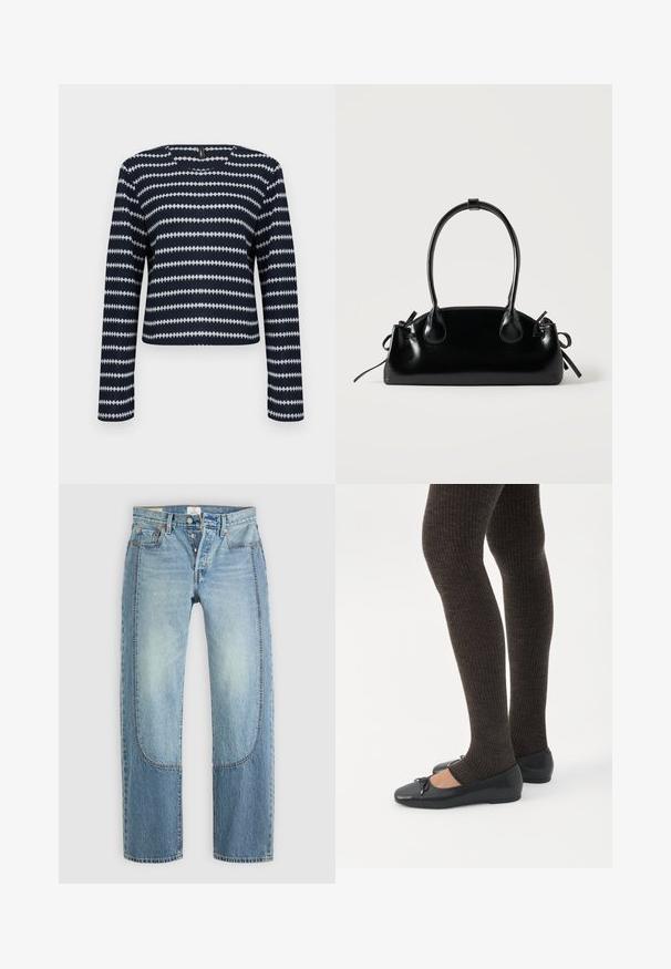 Pull à manches longues bleu marine et blanc avec un motif à rayures zigzag horizontales et un col rond sur un fond uni.; Jean en denim bleu clair avec une coupe droite et ample, présentant des détails de panneaux contrastants et un design à cinq poches. Fermeture à bouton.; Jambes portant des leggings côtelés foncés associés à des ballerines noires avec de petits détails en nœud sur fond blanc.; Petit sac à main noir brillant avec deux longues anses et des détails à cordon sur les côtés sur un fond clair uni.