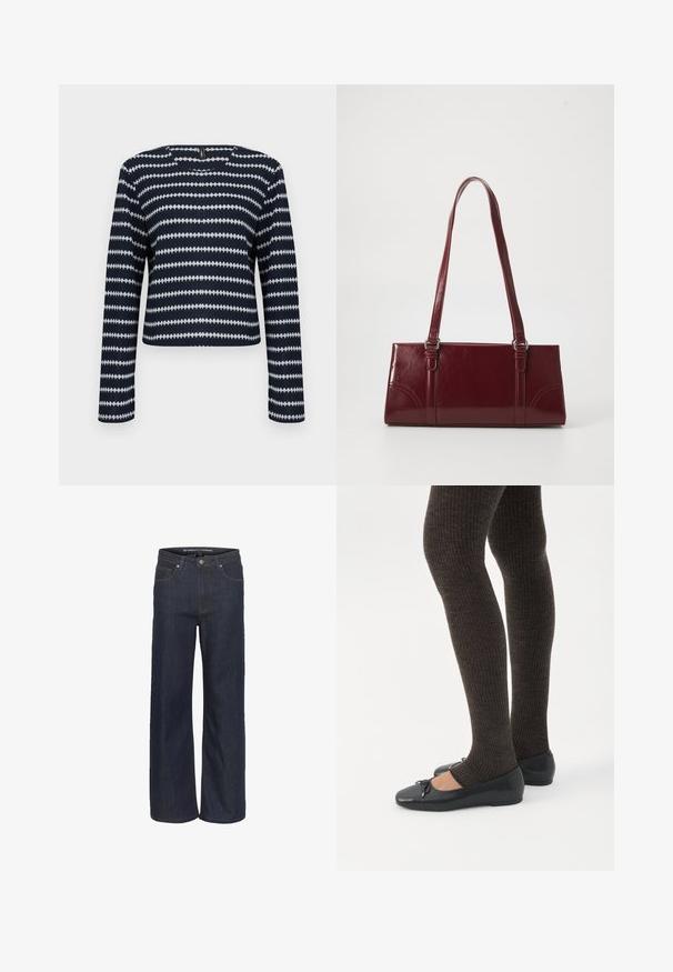 Marineblauwe en witte trui met lange mouwen, voorzien van horizontale zigzagstrepen en een ronde hals, tegen een effen achtergrond.; Donkerdenim wijde pijpen jeans met een hoge taille, voorzien van vijf zakken, contrasterende stiksels en een ruwe zoom aan de onderkant.; Benen met donkere geribbelde leggings gecombineerd met zwarte ballerina's met kleine strikdetails op een witte achtergrond.; Bourgondische handtas van glanzend materiaal, rechthoekige vorm, met twee schouderbanden en subtiele gebogen accenten aan de voorkant.