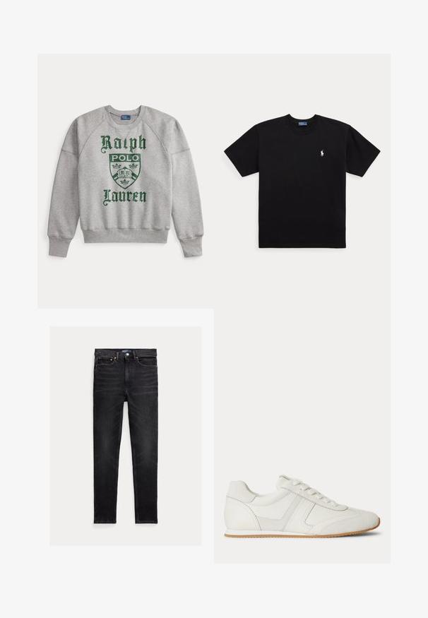 Svetlosivá mikina s dlhými rukávmi a okrúhlym výstrihom s zeleným textom „"Ralph Lauren Polo"“ a erbovým logom v strede na prednej strane.; Čierne tričko s krátkym rukávom a okrúhlym výstrihom, s malým bielym vyšívaným logom Polo Ralph Lauren na ľavej strane hrudníka.; Čierne slim-fit džínsy s piatimi vreckami, zapínanie na gombík a štítok značky Polo na páse, položené na bielom pozadí.; Biela nízka teniska so šnurovaním vpredu, zsemišovými a koženými panelmi a svetlohnedou gumovou podrážkou na bielom pozadí.