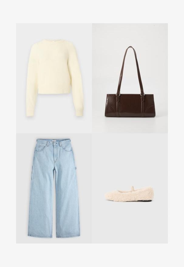 Kremfarvet, kort sweater lavet af blødt, fluffy materiale med lange ærmer, ribbede manchetter og rund halsudskæring.; Lyseblå brede jeans med frontlommer, bæltestropper og sidelommer til værktøj, lagt fladt på en grå baggrund.; Luftig, cremefarvet hjemmesko med en blød tekstur, rund tå, minimalistisk design og en lille stofsløjfe på bagsiden for nem påtagning.; Brun lakeret håndtaske med rektangulær form, to lange håndtag og subtile buede detaljer på fronten.