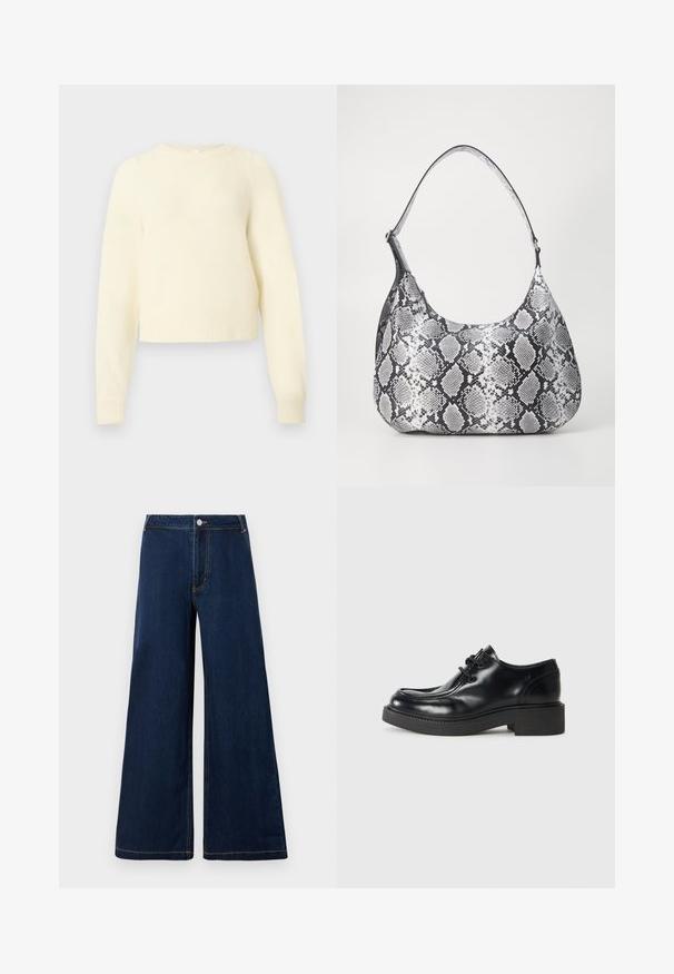 Pull court de couleur crème, fabriqué à partir d'un matériau doux et duveteux, avec des manches longues, des poignets côtelés et un col rond.; Jeans en denim à jambe large de couleur bleu foncé avec des coutures dorées, dotés d'une fermeture à bouton et à fermeture éclair à l'avant, et d'un design classique à cinq poches.; Chaussure oxford en cuir noir avec un bout arrondi, un design à lacets et une semelle en caoutchouc noir épaisse. Texture lisse et détails de couture minimaux.; Sac à épaule en simili cuir noir et blanc avec imprimé serpent, de forme arrondie, texture lisse et bandoulière incurvée. Présente un accent en matériel argenté.