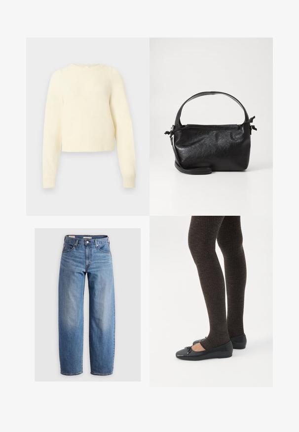 Kremfarvet, kort sweater lavet af blødt, fluffy materiale med lange ærmer, ribbede manchetter og rund halsudskæring.; Lysblå lige ben jeans lavet af denim. Har et klassisk fem-lomme design og subtile falmede områder langs benene.; Ben iført mørke ribbede leggings kombineret med sorte balletsko med små sløjfedetaljer på hvid baggrund.; Sort læderhåndtaske med et struktureret design, rund tophåndtag og aftagelig skulderrem. Den har en glat tekstur og en subtil glans.
