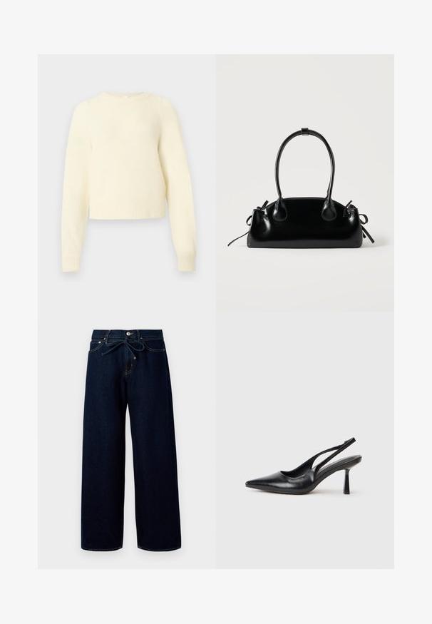 Pull court de couleur crème, fabriqué à partir d'un matériau doux et duveteux, avec des manches longues, des poignets côtelés et un col rond.; Jean large bleu foncé en denim, doté d'une fermeture à bouton à l'avant et d'une taille à cordon, avec des détails de couture contrastants.; Chaussure à talon haut en cuir noir, à bride arrière, avec un bout pointu et un talon fin sur fond blanc.; Petit sac à main noir brillant avec deux longues anses et des détails à cordon sur les côtés sur un fond clair uni.