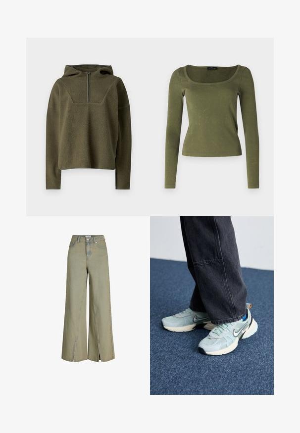 Oliivivärinen fleece-pullover hupulla, puoliväli-vetoketjulla, teksturoitua kangasta ja kontrastiväriset reunat helmassa ja hihoissa.; Olivi vihreä pitkähihaista toppia, joka on valmistettu ribbikankaasta, neliön muotoisella pääntiellä ja istuvalla muotoilulla. Erityinen tekstuuri hienovaraisilla kuvioilla.; Vaaleanvihreät leveät denim-farkut, joissa on korkea vyötärö, sivureiät ja klassiset taskuyksityiskohdat.; Vaaleansiniset verkkomaiset Nike-tennarit, joissa on teksturoitu pinta, musta swoosh ja kerma värinen välikenkä, yhdistettynä tummanharmaisiin leveisiin housuihin.