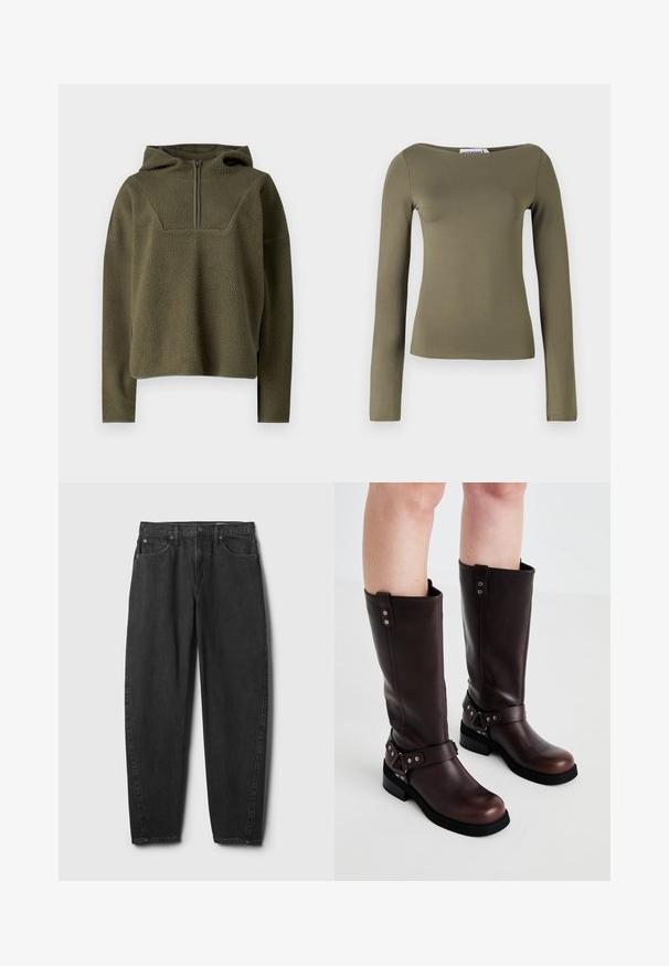 Olivgrüner Fleece-Pullover mit Kapuze, halbem Reißverschluss vorne, strukturiertem Stoff und kontrastierenden Besätzen am Saum und den Bündchen.; Olivegrünes Langarmoberteil in schmaler Passform, aus einem glatten, elastischen Stoff mit weitem Ausschnitt und minimalen Nähten.; Schwarze Jeans aus Denim mit geradem Beinverlauf, ausgestattet mit fünf Taschen, einem Knopfverschluss und dezenten Ziernähten. Klassisches Design und Textur.; Braune Leder-Stiefel bis zum Knie mit einer glatten Textur, ausgestattet mit einem breiten Riemen und dreieckigen Hardware-Akzenten, flachen Gummisohlen.