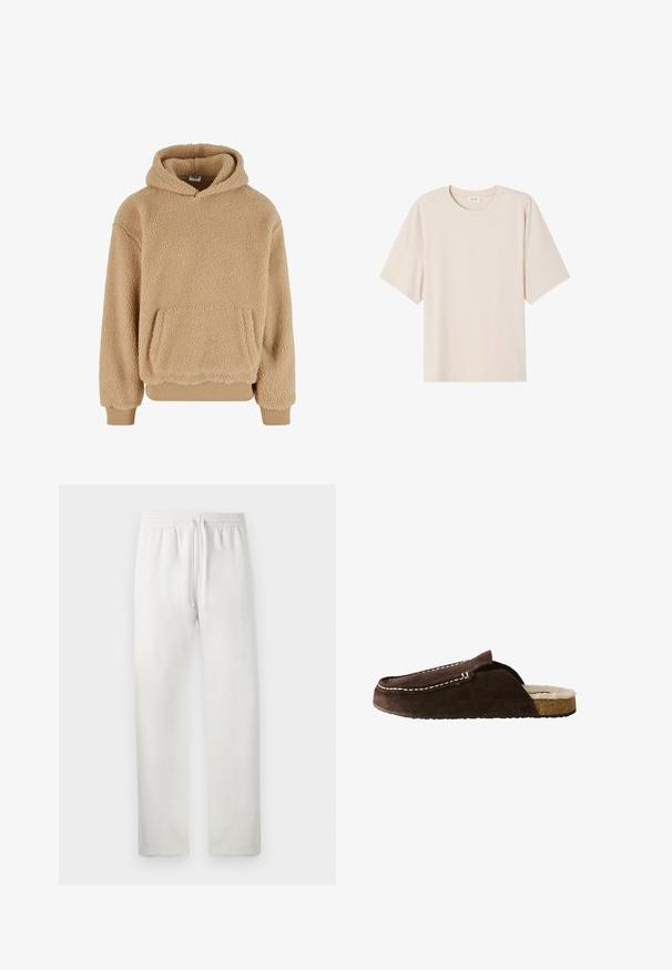Hoodie en polaire beige avec une texture douce, une poche kangourou, des manches larges et un ourlet et des poignets côtelés.; T-shirt beige oversize à manches courtes avec un col rond et un tissu lisse, posé à plat sur un fond blanc.; Pantalons de sport blancs en tissu doux, dotés d'une taille élastique avec cordon de serrage, de jambes droites et sans motifs ni accents visibles.; Chausson marron en daim à enfiler avec des coutures blanches, doublure en peau de mouton, semelle intermédiaire en liège et semelle en caoutchouc, présenté de côté sur fond blanc.