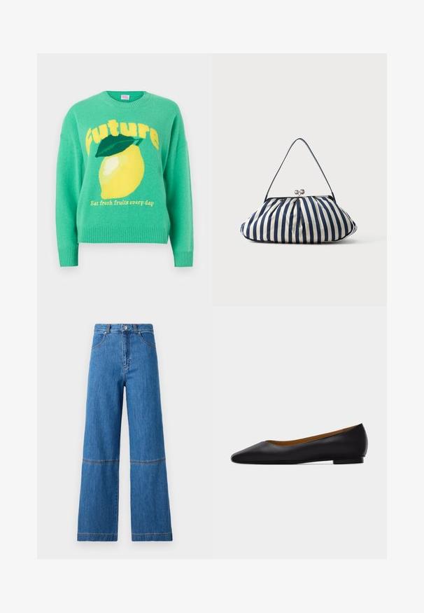 Grøn strikket sweater med en stor gul citron og blad, gul tekst "Future" og mindre tekst "Spis friske frugter hver dag."; Bredde ben jeans i blå denim med høj talje, der har dobbelt stikning ved knæene og en tekstureret stofoverflade.; Sort læder flad sko med spids tå, lav hæl og glat finish, vist fra siden på en lysegrå baggrund.; Navyblå og hvid lodret stribet stofhåndtaske med sølvlås og tynd skulderrem på lys baggrund.