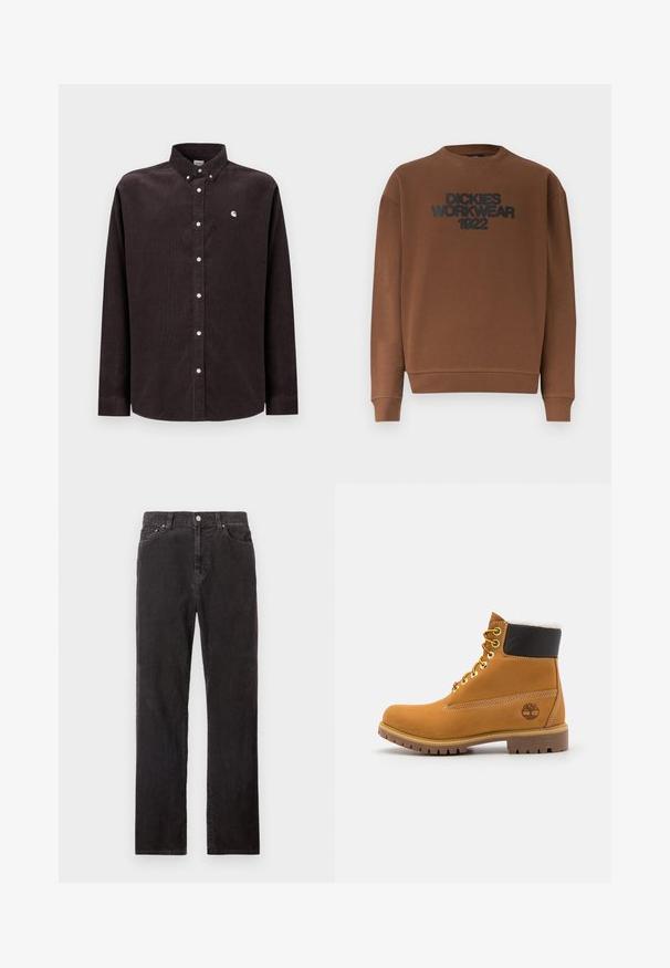 Brun langærmet crewneck-sweatshirt med ribstrikkede ærmeafslutninger og kant, med teksten "DICKIES WORKWEAR 1922" i sort på brystet.; Mørkebrun fløjlsbluse med knappet krave, lange ærmer, hvide knapper og et lille logo på venstre bryst.; Sorte straight-cut fløjlsbukser med knap foran, bæltestropper og fem-lomme design på hvid baggrund.; Brune læder ankelstøvle med metaløjer, hvid pelsforing, sort polstret krave, robust sål og præget logo på siden.
