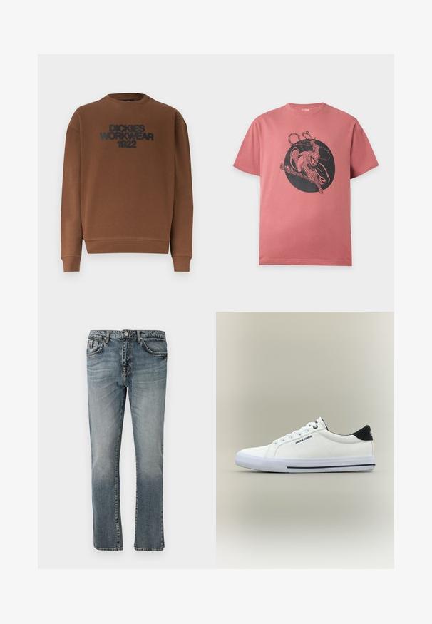 Bruine lange mouwen sweater met ronde hals, voorzien van geribbelde manchetten en zoom, met de tekst "DICKIES WORKWEAR 1922" in zwart op de borst.; Roze T-shirt met korte mouwen met een zwarte afbeelding van Spider-Man die kruipt en een web schiet binnen een zwarte cirkel op de borst.; Blauwe denim jeans met een recht gesneden ontwerp, voorzien van een klassieke vijf-pocket indeling en een vervaagde wassing voor een versleten uitstraling.; Witte lage sneaker met een zwart hielstuk, witte veters en het "JACK & JONES" logo aan de zijkant en op de tong, tegen een neutrale achtergrond.
