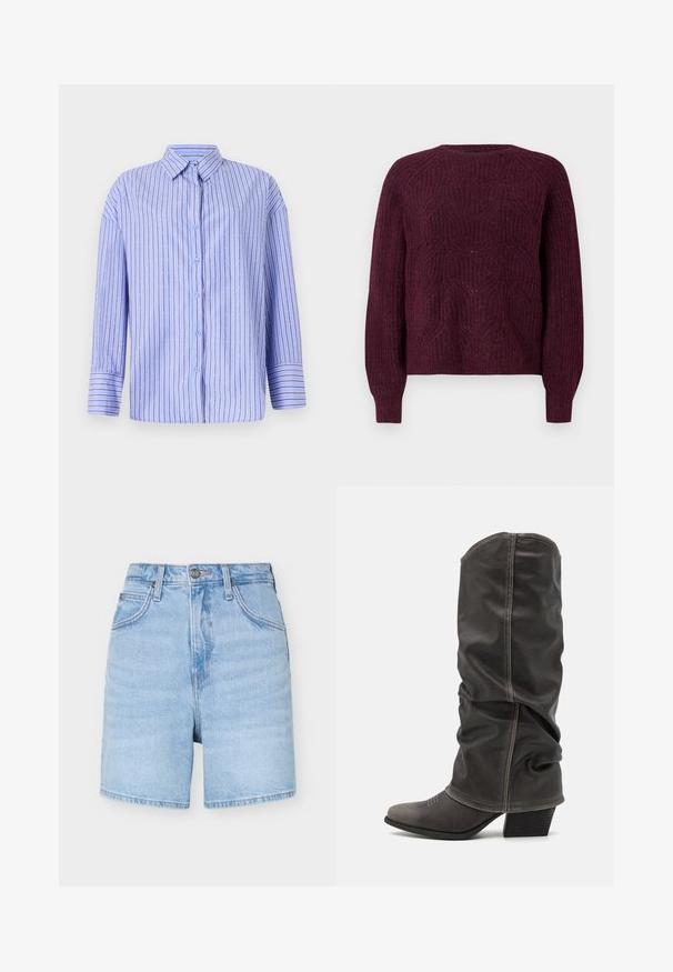 Bordeaux sweater med et tekstureret strikkemønster, rund halsudskæring og lange ærmer med ribbede manchetter. Blødt materiale med en afslappet pasform.; Lyseblå skjorte med knaptrykning, vertikale striber og prikkede detaljer. Har krave, lange ærmer og lige snit. Blødt materiale.; Lyseblå denimshorts med højtaljet snit, forreste knap- og lynlåslukning, bæltestropper og forlommer på ensfarvet baggrund.; Grå læder støvler op til læggen med et slouchy design, spidse tæer og stablet hæl. Bemærkelsesværdig syning detalje ved tåområdet.