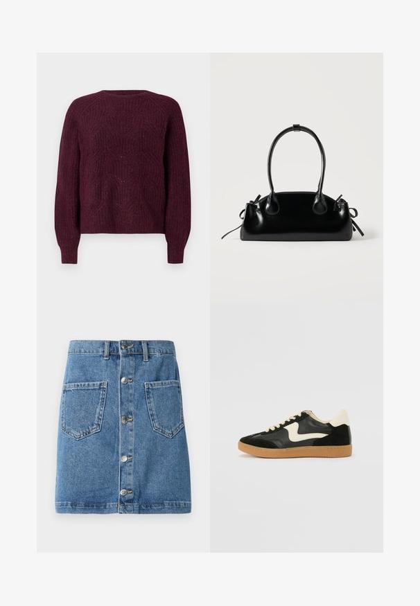 Bordeaux sweater med et tekstureret strikkemønster, rund halsudskæring og lange ærmer med ribbede manchetter. Blødt materiale med en afslappet pasform.; Deniks nederdel i en lys blå nuance med knappelukning fortil, to påsyede lommer og lige snit. Stoffet har en klassisk tekstur.; Sorte ruskinds- og lædersneakers med en cremefarvet side-swoosh og lys cremefarvet hæl. Har beige snørebånd og en gummirubber-sål.; Lille sort blank håndtaske med to lange håndtag og snøre-detaljer i siden på en ensfarvet lys baggrund.