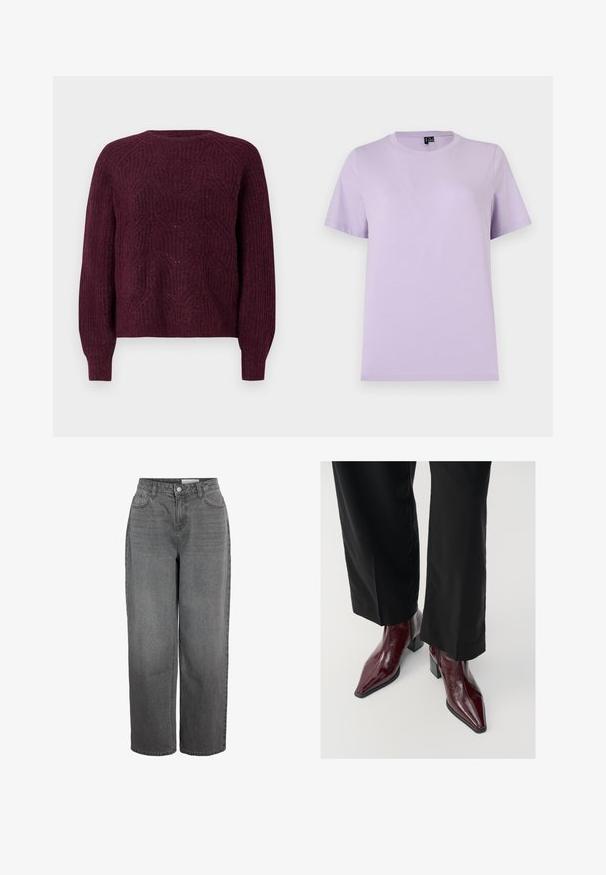 Burgunderfarbener Pullover mit strukturiertem Strickmuster, Rundhalsausschnitt und langen Ärmeln mit gerippten Bündchen. Weiches Material mit lässiger Passform.; Schlichtes lavendelfarbenes kurzärmeliges Baumwoll-T-Shirt mit Rundhalsausschnitt, flach auf weißem Hintergrund präsentiert.; Graue Jeans aus Denim mit geradem Bein, hoher Taille, Vorder taschen und Knopfverschluss.; Burgunderfarbene Lackleder-Ankle Boots mit spitzer Zehe, klobigem Absatz und strukturierter Oberfläche, kombiniert mit schwarzen, weit geschnittenen Hosen.