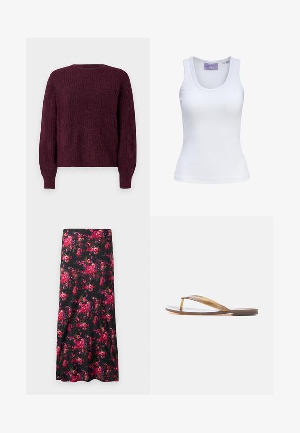 Pull bordeaux avec un motif tricoté texturé, col rond et manches longues avec des poignets côtelés. Matière douce avec une coupe décontractée.; Débardeur blanc côtelé sans manches avec encolure ronde et étiquette de marque JJXX à l'intérieur du col, taille small.; Jupe midi florale noire, dotée d'un motif vibrant de fleurs roses et rouges. Tissu lisse, forme évasée, avec un ourlet large.; Tongs translucides marron unique avec semelle plate et bride entre les orteils, vue de côté sur fond blanc.
