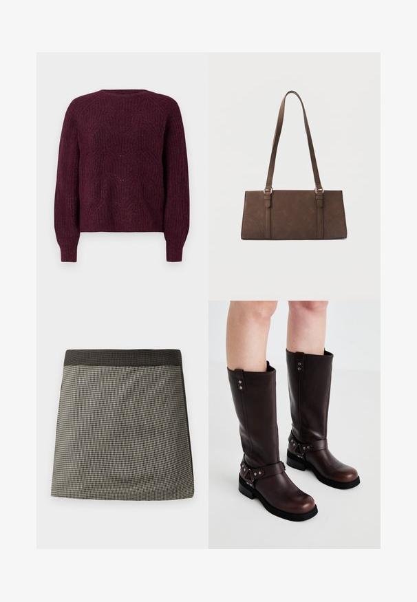 Pull bordeaux avec un motif tricoté texturé, col rond et manches longues avec des poignets côtelés. Matière douce avec une coupe décontractée.; Jupe à carreaux noirs et crème avec une taille noire unie. Présente une coupe droite, une texture lisse et un motif uniforme dans tout le vêtement.; Bottines en cuir marron jusqu'aux genoux avec une texture lisse, dotées d'une large sangle et d'accents en métal triangulaires, semelles en caoutchouc plates.; Sac à bandoulière rectangulaire marron avec longues sangles et détails de couture minimalistes sur un fond uni.