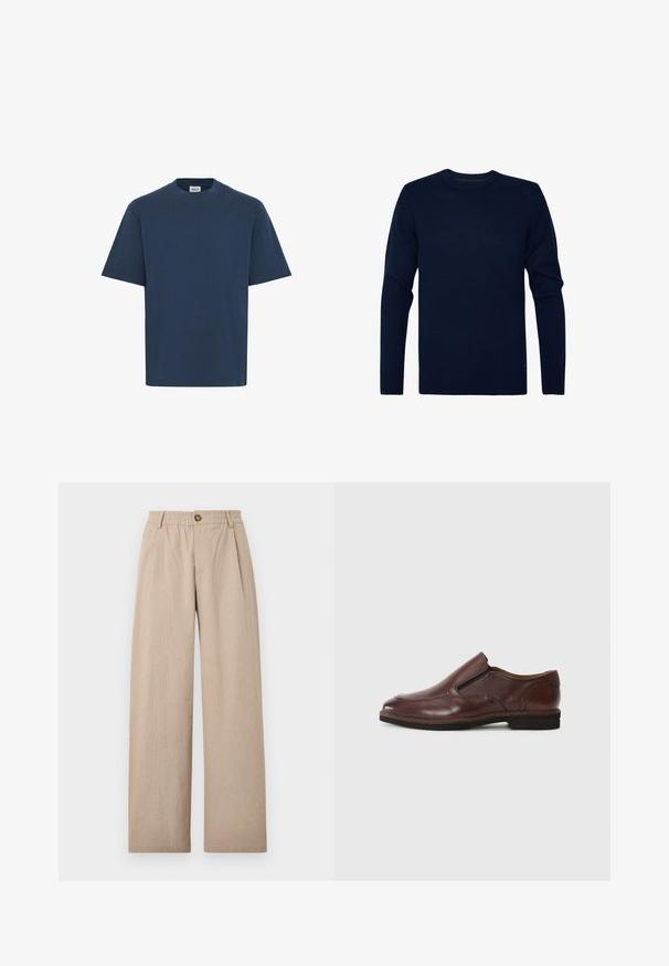 Marineblauwe crewneck trui van gebreide stof. Lange mouwen met geribde manchetten en zoom. Soepele textuur met minimale hardware of accenten.; Marineblauwe katoenen t-shirt met een ronde hals, korte mouwen en een rechte zoom. Beschikt over een klein merkje aan de onderkant aan de linkerzijde.; Beige wijde broek met een gestructureerde afwerking, voorzien van plooien en een elastische tailleband, die aan de voorkant met een bronzen knoop is vastgezet.; Bruine leren instapschoen met een ronde neus, elastische zijaccenten en een lage rubberen zool. Bevat subtiele stiksels langs de rand.