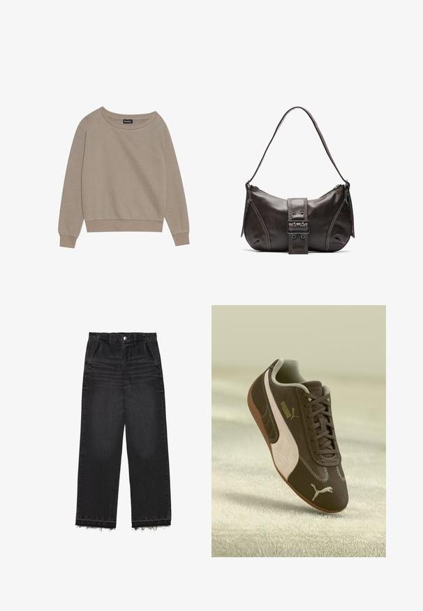 Beige langærmet sweatshirt med en bred udskæring og ribbede manchetter. Blødt stof, afslappet pasform, har minimale sømme og ingen mønstre.; Sorte denimbukser med lige ben. Har høj talje, rå kant og en diskret falmet struktur. Foran er der lommer.; Brune Puma sneakers med beige stribe og logo, snøret, hvilende på en struktureret beige overflade.; Brun læder skuldertaske med en buet form, der har et fremtrædende spænde, kontrasterende syninger og en enkelt skulderrem.