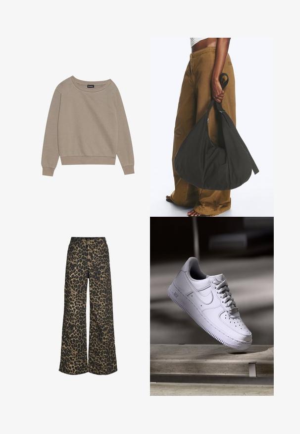 Beige Langarm-Sweatshirt mit weitem Ausschnitt und gerippten Bündchen. Weicher Stoff, lockere Passform, verfügt über minimale Nähte und keine Muster.; Weit geschnittene Hose mit durchgehendem braun-schwarzem Leopardenmuster und vorderem Knopf- und Reißverschluss.; Weißer Nike Air Force 1 Sneaker schwebt über einer Betonoberfläche mit Schatten in einem minimalistischen Umfeld.; Person trägt braune weite Hose und weißes Oberteil und hält eine große schwarze weiche Handtasche an der Seite am Trageriemen.