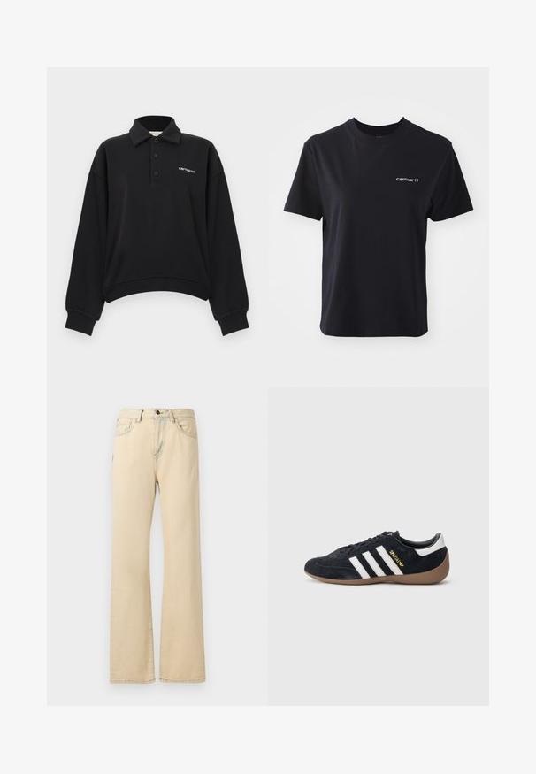 Čierna dlhá polokošeľa s tromi gombíkmi, rebrovanými manžetami a bielym logom Carhartt na ľavej strane hrudníka.; Čierne bavlnené tričko s okrúhlym výstrihom, krátkymi rukávmi a bielym logom "carhartt" na ľavej hrudi. Hladká textura, štandardný strih.; Béžové široké džínsy vyrobené z denimu, s vysokým pásom, prednými vreckami, zapínaním na gombík a kontrastným stehom.; Čierna semišová teniska s tromi bielymi pruhmi, gumovou podrážkou a malým zlatým logom na boku. Má hladkú čiernu vnútornú podšívku.