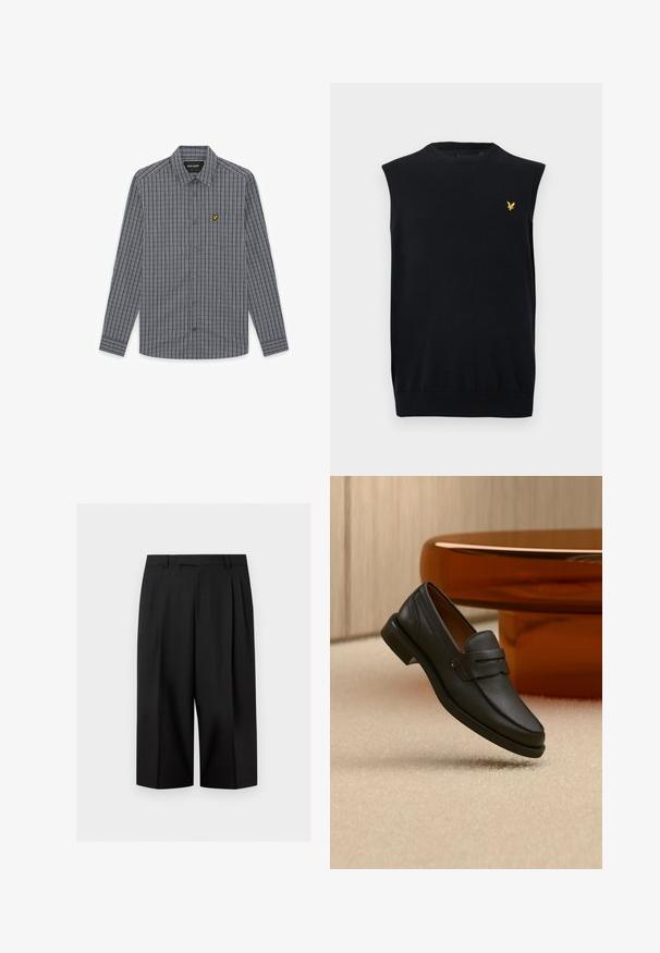 Gilet noir sans manches en maille avec col rond et ourlet côtelés, arborant un petit logo d'oiseau jaune brodé sur le côté gauche de la poitrine.; Chemise à manches longues à carreaux noirs et blancs, boutonnée avec col et petit logo jaune sur le côté gauche de la poitrine.; Pantalon noir à jambes larges et courtes avec passants de ceinture et plis avant, présenté sur un fond clair uni.; Mocassin homme en cuir noir avec une bande sur le dessus, présenté sur un tapis beige près d'une table ronde moderne marron.