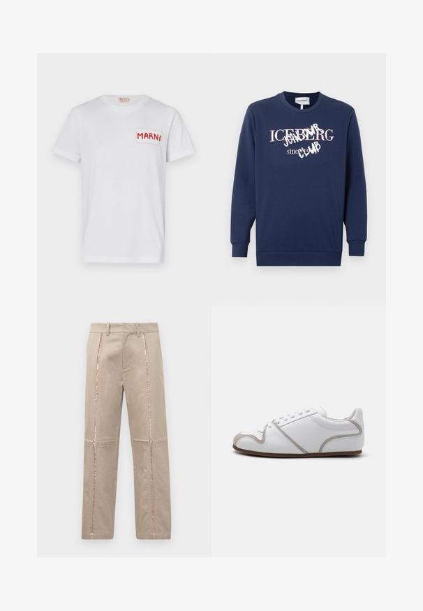Sudadera de cuello redondo de manga larga en azul marino con puños y dobladillo de canalé, que presenta el texto "ICEBERG desde 1974" y "ÚNETE A NUESTRO CLUB" en el frontal.; Camiseta de algodón blanca con un bolsillo bordado en rojo que dice "MARNI" en el lado izquierdo del pecho y mangas cortas. Textura suave, escote redondo clásico.; Pantalones beige con corte recto, que presentan franjas laterales de lentejuelas en color rosa dorado y sutiles detalles de costura en las piernas.; Zapatilla blanca con parte superior de cuero liso, detalles en ante gris y un diseño de cordones sencillo. Suela de goma marrón antideslizante; estilo minimalista.