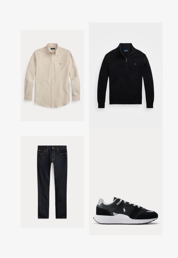 Μαύρο πλέ knit πουλόβερ με κολάρο quarter-zip, διακοσμημένο με ένα μικρό λογότυπο στο στήθος και ριμπ μανσέτες και στο κάτω μέρος.; Μπεζ πουκάμισο με μακριά μανίκια, κουμπιά και γιακά, με κεντημένο λογότυπο Polo Ralph Lauren στο στήθος και μανσέτες με κουμπιά.; Σκούρο μπλε στενά τζιν με πέντε τσέπες, κλείσιμο με κουμπιά και ραφές σε αντίθεση, τοποθετημένα επίπεδα πάνω σε φωτεινό φόντο.; Μαυρόασπρο χαμηλό αθλητικό παπούτσι με υφασμάτινες επιφάνειες, κορδόνια και λευκή μεσαία σόλα, με λογότυπο παίκτη πόλο στο πλάι.