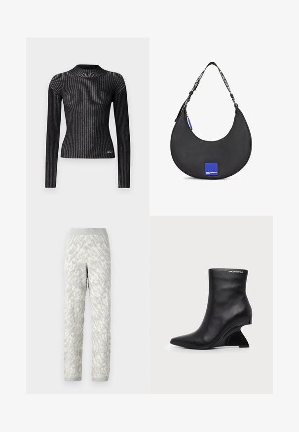 Suéter negro de manga larga y canalé con hilos metálicos, cuello redondo, silueta ajustada, con un sutil detalle del logo en el dobladillo.; Pantalones de lounging con textura en marfil y patrones grises, con un tejido suave, cintura elástica y puños acanalados.; Botín negro de cuero con tacón curvado y esculpido y logo de Karl Lagerfeld cerca del borde superior sobre un fondo blanco.; Bolso de hombro de cuero negro con una silueta curva, que presenta un acento de logo cuadrado azul y una correa de contraste con texto.