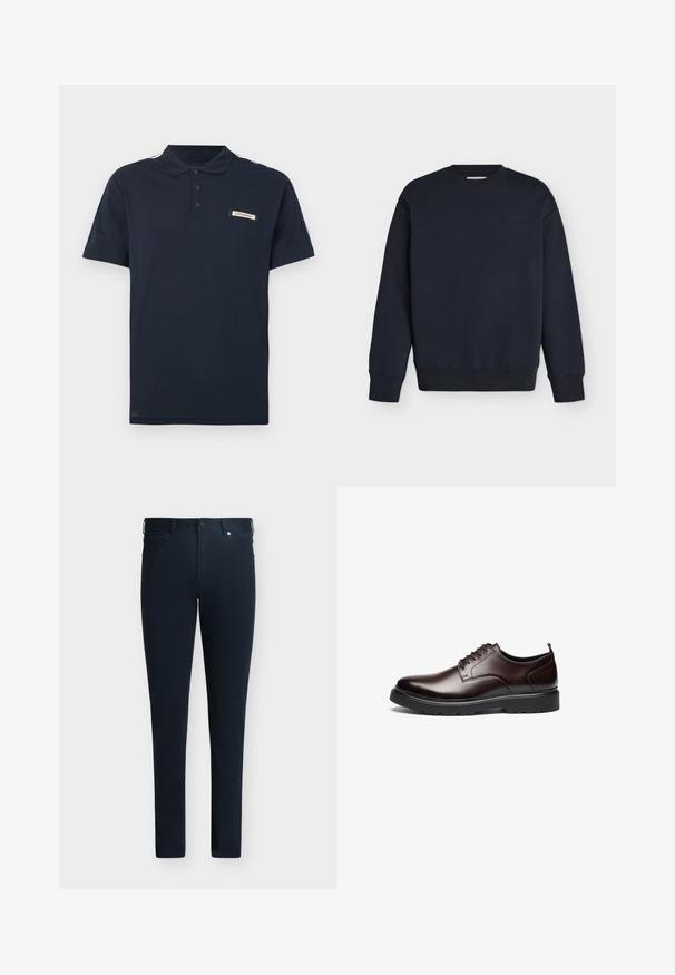 Sweat-shirt bleu marine à col rond, manches longues, poignets et ourlet côtelés, avec un texte logo discret sur la poitrine.; Polo bleu marine en coton doux, doté d'une patte à trois boutons, de manches courtes et d'un écusson logo sur la poitrine avec des rayures contrastantes.; Pantalon bleu marine foncé coupe slim avec passants de ceinture, fermeture à boutons et zip à l'avant, et poches, sur un fond uni.; Chaussure en cuir marron à lacets avec un design élégant, bout rond, semelle en caoutchouc noire contrastante et couture minimale visible.