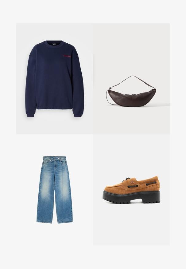 Sweat-shirt bleu marine en mélange de coton, avec un col rond, des manches longues et un petit logo rouge "sporty core" imprimé sur le devant.; Jean en denim bleu à jambes larges avec devant délavé, poches avant et un détail unique de ceinture diagonale boutonnée.; Mocassin en daim marron avec semelle crantée noire épaisse, détails lacés, et logo embossé sur le côté, vu de l'extérieur.; Sac d'épaule en cuir marron foncé en forme de croissant avec une lanière courbée et des coutures visibles sur fond uni.
