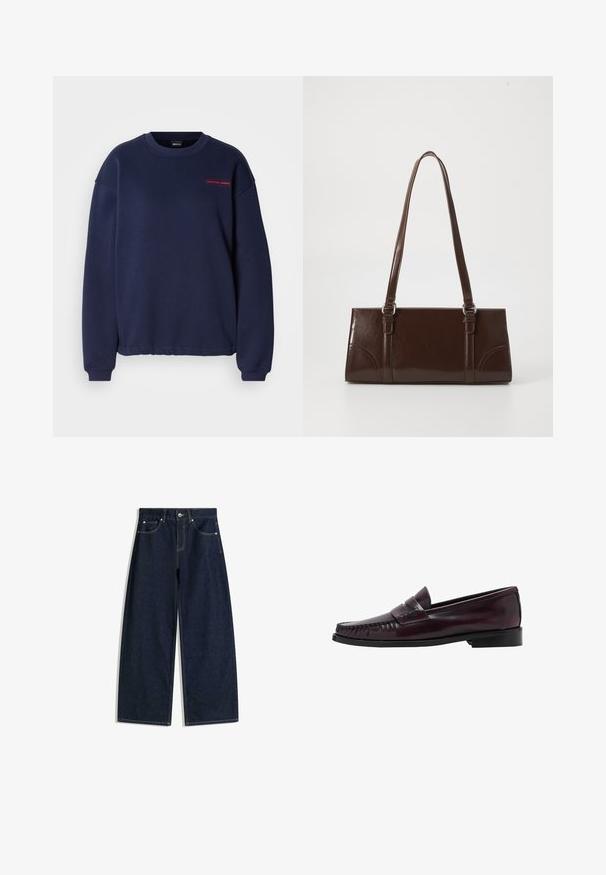 Marineblauwe sweatshirt gemaakt van een katoenmengsel, met een ronde hals, lange mouwen en een klein rood "sporty core" logo gedrukt op de voorkant.; Donkerblauwe denim jeans met wijde pijpen, voorzakken, knoopsluiting en zichtbare stiksels op een witte achtergrond.; Donkerbruine leren penny loafer voor mannen met een zwarte zool en stiksels langs de neus, weergegeven in zijprofiel.; Bruine lakleren handtas met een rechthoekige vorm, twee lange handvatten en subtiele gebogen accenten aan de voorkant.