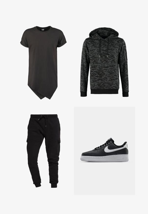 Hætte sweatshirt i sort og grå camouflage mønster, lavet af blødt stof, med en frontlomme og en lynlåslomme på ærmet.; Sort T-shirt med korte ærmer, opkrogede manchetter og en asymmetrisk spids kant foran.; Sorte bomuldsjoggers med en tapered fit, snoretræk i taljen og sidelommer. Glat tekstur og elastiske manchetter ved anklerne.; Sort lædersneaker med tekstureret overflade, hvid Nike swoosh, grå sål, rund tå og snørebåndsdesign. Har perforeringer på tåboksen.