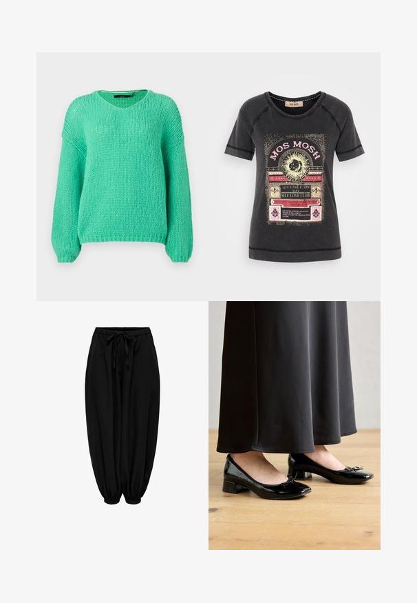Mintgrüner, grob gestrickter Pullover mit V-Ausschnitt, langen Ärmeln und weicher Textur. Verfügt über einen lässigen Schnitt und gerippte Bündchen.; Schwarzes Baumwolle-T-Shirt mit einem bunten Grafikdruck, der dekorativen Text und naturbezogene Akzente zeigt. Rundhalsausschnitt und kurze Ärmel.; Schwarze, weit geschnittene Hose mit elastischem Bund und Beinabschlüssen, Kordelzug am Bund und gerafften Bündchen.; Schwarze lackierte Ballerinas mit einer Schleifenakzent, niedrigem Blockabsatz und runder Spitze, die mit einem langen schwarzen Rock auf einem Holzfußboden getragen werden.