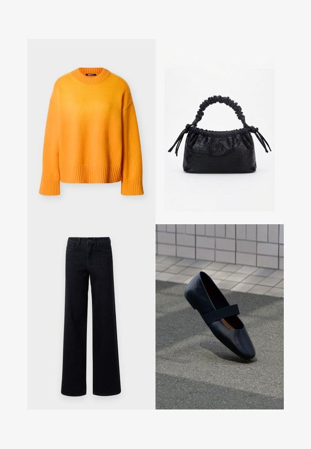 Oranje oversized trui met een geribde halslijn en manchetten, voorzien van een zachte textuur en een relaxte pasvorm, minimale naden en een rechte zoom.; Brede zwarte denim jeans met een hoge taille, voorzien van standaardzakken en een knoopsluiting. Glad textuur met lichte stretch.; Zwarte leren platte schoen met een ronde neus, voorzien van een zachte zwarte elastische band over de wreef. Gladde textuur en minimalistisch ontwerp.; Zwarte handtas met krokodillenstructuur, geplooide bovenrand, samengevoerde handgreep en koordtassels aan elke kant tegen een witte achtergrond.