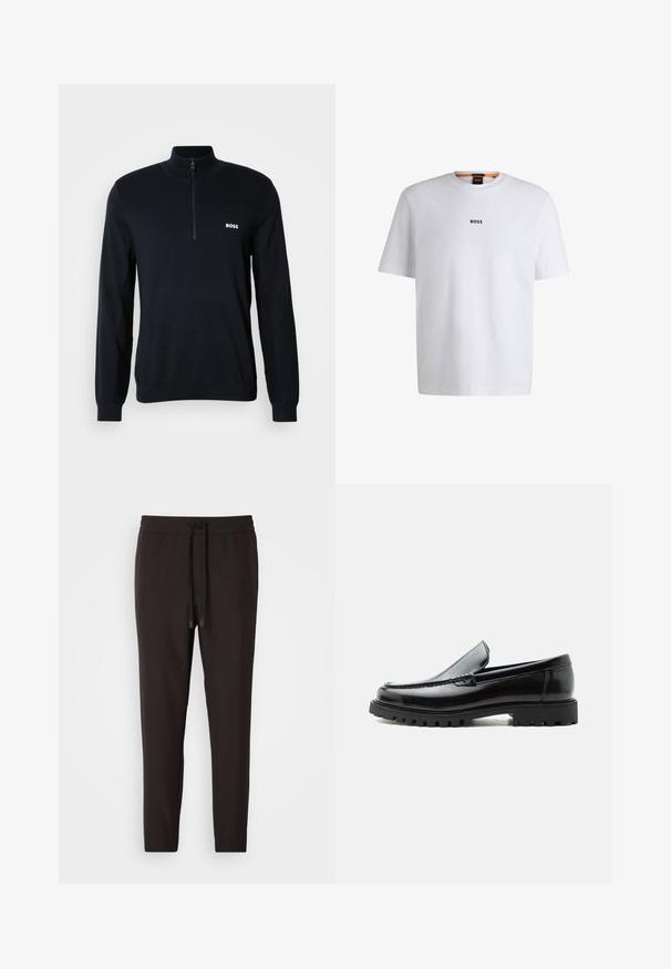 Pull-over bleu marine avec un col haut et une fermeture éclair sur la moitié. Le matériau est doux avec une finition texturée. Il présente un petit logo blanc "BOSS" sur la poitrine.; T-shirt en coton blanc à manches courtes, avec un logo noir "BOSS" centré sur la poitrine et un design à col rond.; Pantalon de jogging noir en tissu doux, avec une taille élastique et un cordon de serrage, des jambes fuselées et sans motifs ni embellissements visibles.; Mocassin en cuir noir avec semelle en caoutchouc épaisse, dessus cousu et nom de marque embossé sur le talon, présenté de profil sur fond blanc.
