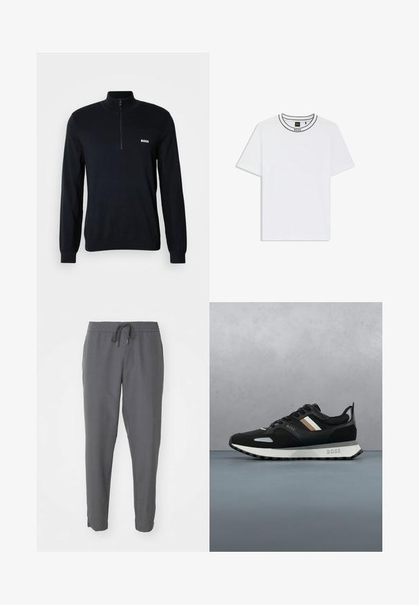 Tume kapuutsiga pulli, millel on kõrge kaelus ja pooltõmblukk. Materjal on pehme ja struktuurse pinnaga. Rindel on väike valge "BOSS" logo.; Valge lühikeste varrukatega T-särk, millel on musta ääristusega ümar kaelus ja väike "BOSS" logo krae paelal.; Halli hallid jooksmispüksid, mis on valmistatud siledast kangast, elastse vöökoha ning tõmblukuga, kitsenevate jalgade ja külgtaskutega.; Mustmustreen jooksujalats, millel on tekstuuriga pind, helesinised aktsendid ja kolm horisontaalset triipu pruunis. Omab valget pehmendatud tallat.