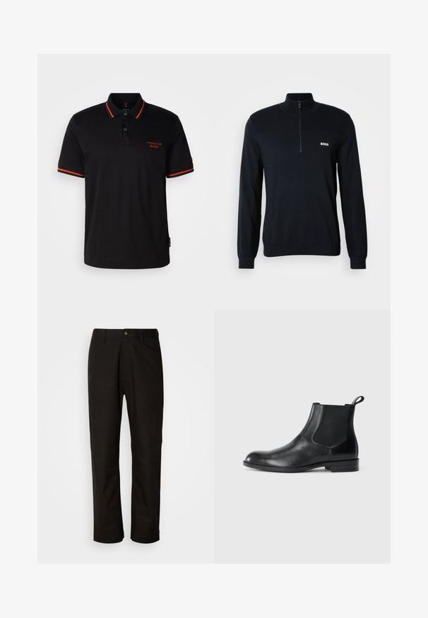 Pull-over bleu marine avec un col haut et une fermeture éclair sur la moitié. Le matériau est doux avec une finition texturée. Il présente un petit logo blanc "BOSS" sur la poitrine.; Polo noir avec des accents rouges sur le col et les manches. Il présente un col à boutons et un logo Porsche BOSS brodé en rouge.; Pantalon en coton noir avec une coupe droite, des passants de ceinture, une fermeture éclair à l'avant et un seul bouton. Texture lisse sans motifs visibles.; Bottine en cuir noir avec des panneaux latéraux élastiques, bout rond et tirette. Texture lisse, semelle plate, design minimaliste.