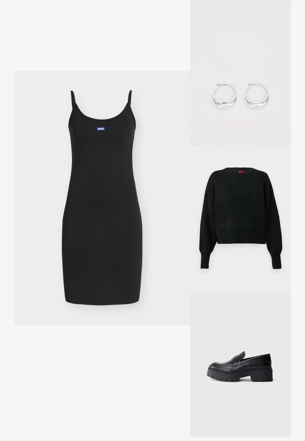 Μαύρο cropped πουλόβερ με ριμπ ύφασμα και στρογγυλή λαιμόκοψη, με ανάγλυφο λογότυπο "HUGO" στο μπροστινό μέρος και ριμπ μανσέτες.; Μαύρο εφαρμοστό αμάνικο φόρεμα με λεπτές τιράντες και μικρό ορθογώνιο μπλε λογότυπο στο κέντρο του στήθους που γράφει "HUGO".; Μαύρος χοντρός πλατφόρμα λόφερ με λεία δερμάτινη επάνω επιφάνεια, διακοσμητική ζώνη και παχιά υφή σόλας σε άσπρο φόντο.; Ασημένια σκουλαρίκια δαχτυλίδια με γυαλιστερή επιφάνεια και σήμα DKNY, τοποθετημένα μπροστά σε λευκό φόντο.