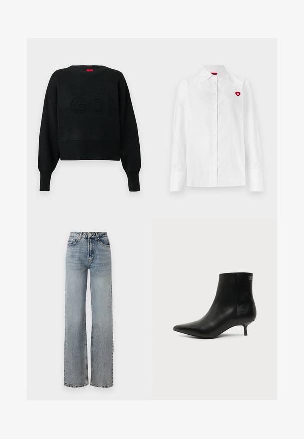 Zwarte cropped trui met een geribbelde structuur en een ronde halslijn, voorzien van een opgehoogd "HUGO"-logo op de voorkant en geribbelde manchetten.; Witte blouse met knopen, lange mouwen, klassieke kraag en een rood hartlogo op de linkerborst. Gladde textuur en een getailleerde pasvorm.; Lichtblauwe denimjeans met een hoge taille, wijde pijpen, vervaagd afwerking en subtiele versleten details. Klassieke vijf-pocket styling.; Zwart leren enkellaars met puntige neus en lage kittenhak op lichte achtergrond, zijaanzicht buitenkant.