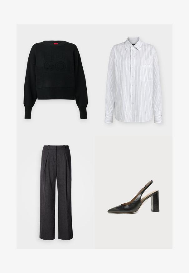 Sort cropped sweater med ribbet tekstur og rund halsudskæring, med et præget "HUGO"-logo på fronten og ribbede ærmeender.; Hvid langærmet skjorte med knapper, tynde lodrette sorte striber og en brystlomme foran.; Mørkegrå brede benbukser i et struktureret stof, med frontfolder og et klassisk livdesign. Ingen synlige lommer.; Sort læder peep-toe slingback sko med høj blokhæl og beige indvendig foring mod en ensfarvet lys baggrund.