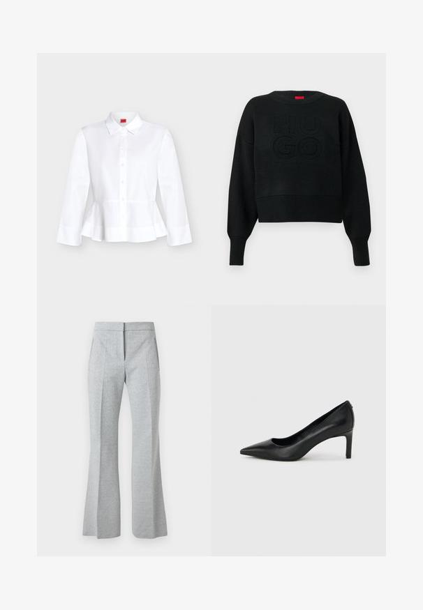 Pull court noir à texture côtelée avec un col rond, arborant un logo "HUGO" embossé sur le devant et des poignets côtelés.; Chemise blanche à manches longues, boutonnée, avec col et détail peplum à la taille sur un fond uni clair.; Pantalon gris clair taille haute, taille ajustée avec un motif chevron subtil, pli frontal, poches latérales et jambes légèrement évasées.; Escarpin à bout pointu en cuir noir avec un talon fin de hauteur moyenne sur un fond gris clair uni.