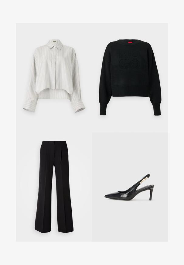 Sort cropped sweater med ribbet tekstur og rund halsudskæring, med et præget "HUGO"-logo på fronten og ribbede ærmeender.; Stribet bluse med en cropped design, lavet af let væv. Har knaplukning foran, krave og brede, rullede manchetter. Lys grå og hvid.; Sorte bukser lavet af glat stof, med høj talje, bred ben silhuet og to frontfolder for ekstra design detaljer.; Sort læder slingback højhælede sko med spidse tæer, glat overflade og en smal ankelrem med guldfarvede hardware detaljer.