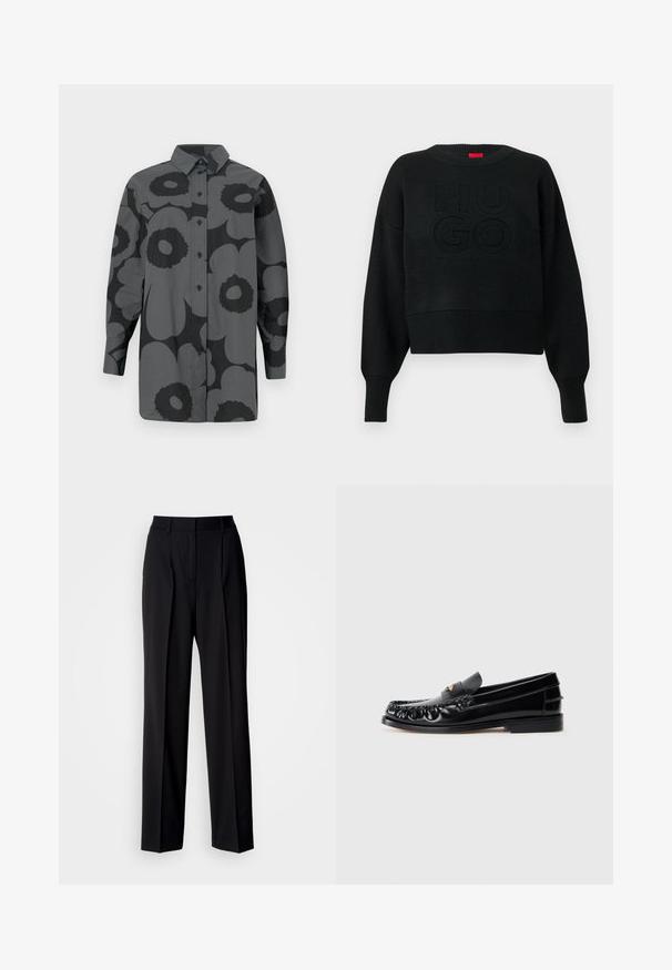 Sort cropped sweater med ribbet tekstur og rund halsudskæring, med et præget "HUGO"-logo på fronten og ribbede ærmeender.; Knapp-up skjorte i gråt stof med store sorte blomstermønstre. Inkluderer krave og lange ærmer med knapmanchetter.; Sorte skræddersyede bukser med høj talje, plisseringer og en vid benform. Fremstillet af glat stof med fladt foran og bæltestropper.; Sorte læder loafers med rund tå, dekorativ sying og en lille gul accent på vampen. Flad gummisål, slankt design.