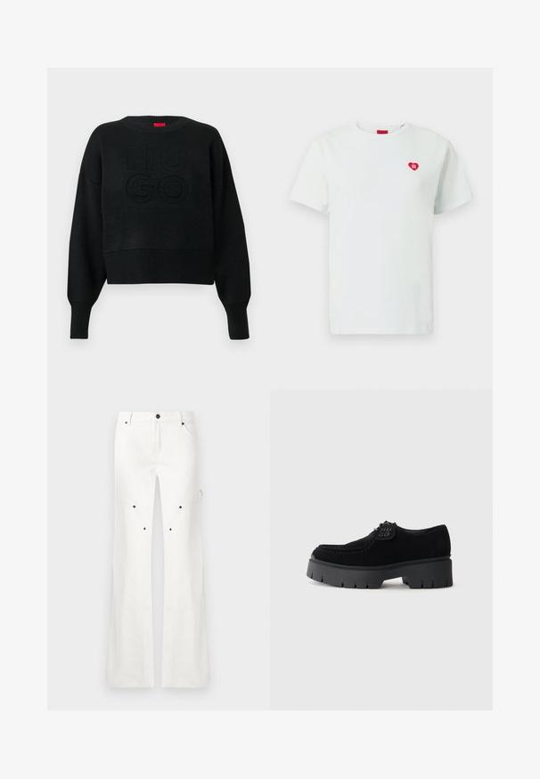 Sort cropped sweater med ribbet tekstur og rund halsudskæring, med et præget "HUGO"-logo på fronten og ribbede ærmeender.; Hvid bomulds t-shirt med korte ærmer, rund halsudskæring og et lille rødt hjerte-logo med "HUGO" på venstre bryst.; Hvide bukser med lige ben, lukning med knap og lynlås, bæltestropper og flere sorte nitter på forsiden af lårområdet.; Sorte ruskinds snørebåndssko med en tyk sort gummisål, der har et rillemønster. Indeholder et rundt sort logo-patch på tungen.