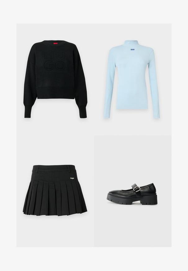 Μαύρο cropped πουλόβερ με ριμπ ύφασμα και στρογγυλή λαιμόκοψη, με ανάγλυφο λογότυπο "HUGO" στο μπροστινό μέρος και ριμπ μανσέτες.; Φωτεινό γαλάζιο μπλουζάκι με μακριά μανίκια και ζιβάγκο από ριμπ ύφασμα, με μικρό μπλε λογότυπο στο στήθος και εφαρμοστή σχεδίαση.; Μαύρη πλισέ φούστα κατασκευασμένη από ελαφρύ ύφασμα, με επίπεδη μέση και μικρό μεταλλικό λογότυπο στο μπροστινό αριστερό μέρος.; Μαύρες δερμάτινες παπούτσια Mary Jane με χοντρή πλατφόρμα, στρογγυλή μύτη και λεπτομέρεια με κούμπωμα στην πλευρά. Λείο υλικό με ελάχιστα ραψίματα.