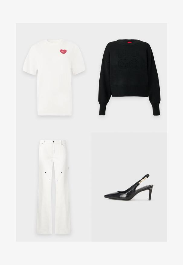Sort cropped sweater med ribbet tekstur og rund halsudskæring, med et præget "HUGO"-logo på fronten og ribbede ærmeender.; Hvid bomulds t-shirt med et rosa hjerteformet grafisk design med ordet "Hugs" i kursiv. Korte ærmer og afslappet pasform.; Hvide bukser med lige ben, lukning med knap og lynlås, bæltestropper og flere sorte nitter på forsiden af lårområdet.; Sort læder slingback højhælede sko med spidse tæer, glat overflade og en smal ankelrem med guldfarvede hardware detaljer.