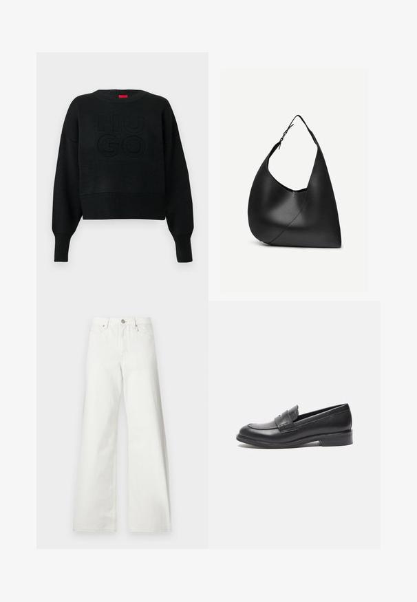 Sort cropped sweater med ribbet tekstur og rund halsudskæring, med et præget "HUGO"-logo på fronten og ribbede ærmeender.; Hvide jeans med høj talje og vide ben med knaplukning foran, bæltestropper og forlommer på ensfarvet baggrund.; Sorte læderloafer med en glat overflade, rund tå og sidesyning. Har en lav, rektangulær hæl.; Sort læder skuldertaske med buet trekantet form, enkelt justerbart rem og synlig diagonal søm foran.