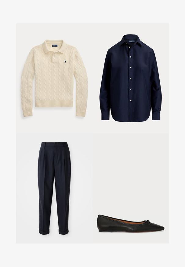 Cremefarbener, kabelgestrickter Langarm-Polopullover mit gerippten Bündchen und Saum, mit einem dunkelblau bestickten Logo auf der Brust.; Marineblaues Langarmhemd mit weißen Knöpfen und klassischem Kragen, mit dem Label Polo von Ralph Lauren.; Dunkelblaue Hosen aus glattem Stoff, mit gefältelter Vorderseite, schmal zulaufenden Beinen und Bündchen an den Knöcheln. Maßgeschneiderter Schnitt mit Gürtelschlaufen.; Schwarze Leder-Ballerinas mit spitzem Zeh, schlanker Silhouette und einem kleinen Schleifendetail an der Vorderseite. Glatte Textur und minimalistisches Design.