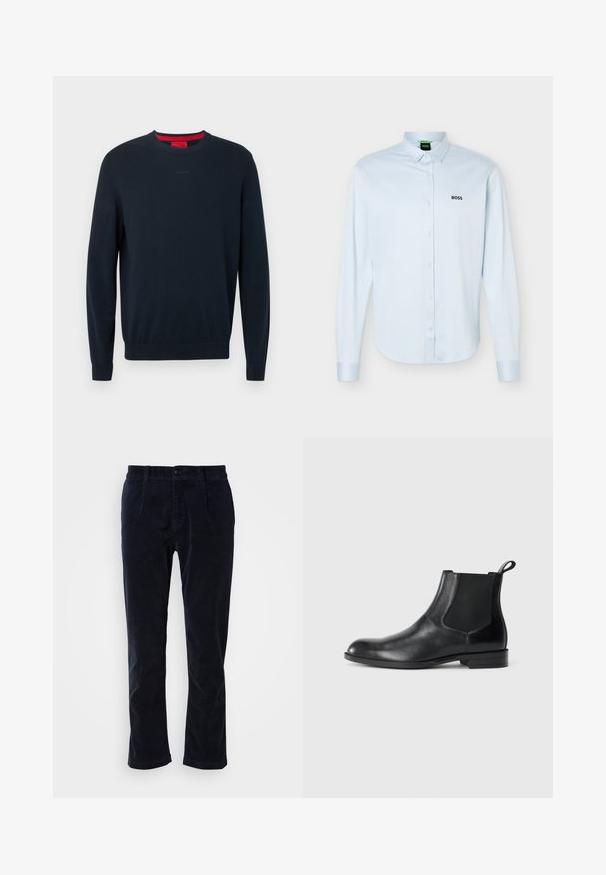 Mørkeblå sweater med rund hals i blødt stof. Har lange ærmer, ribbede manchetter og et lille præget logo foran.; Lyseblå langærmet skjorte med knapper og krave, sort "BOSS"-logo på venstre bryst og manchetter med knapper.; Mørkeblå kordfløjl bukser med glat front, to forlommer og en enkelt knaplukning. Blød tekstur, let taperede ben.; Sorte læder ankelstøvler med elastiske sidepaneler, rund tå og en trækloft. Glat tekstur, flad sål, minimalistisk design.